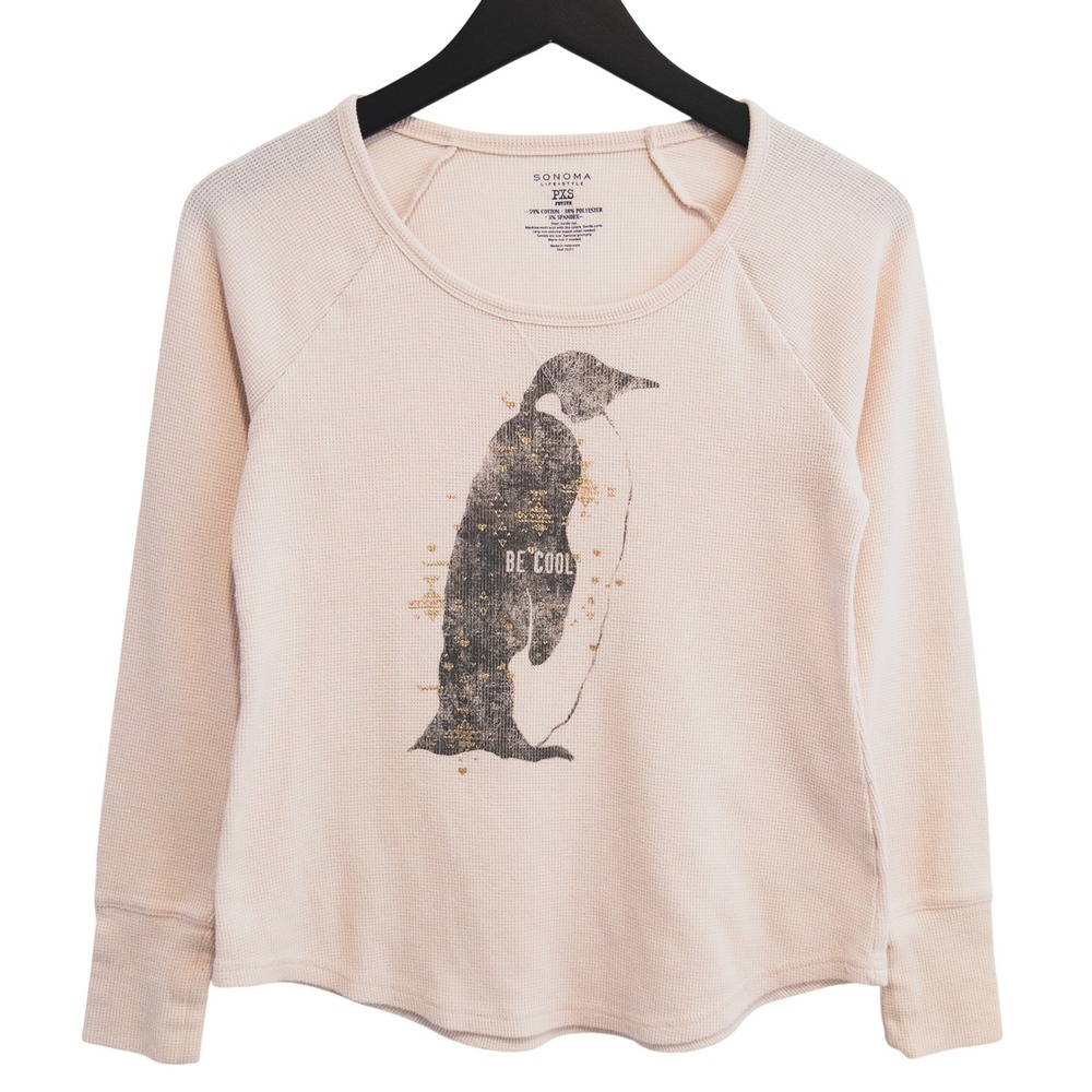 Sonoma Penguin Waffle‎ Knit Shirt Women PXS Cream Be Cool Graphic Thermal Raglan